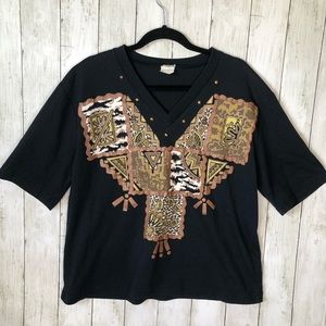 80’s Vintage Tribal Short Sleeve V Neck Top Large Black Brown